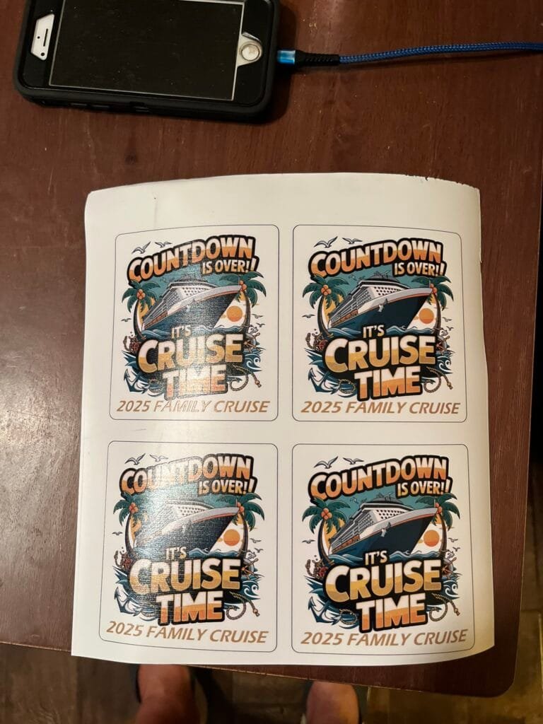 Sheet of cruise-themed stickers showing the phrase'Countdown is over! It's cruise time' with a large cruise ship and tropical palm trees, labeled '2025 Family Cruise'.