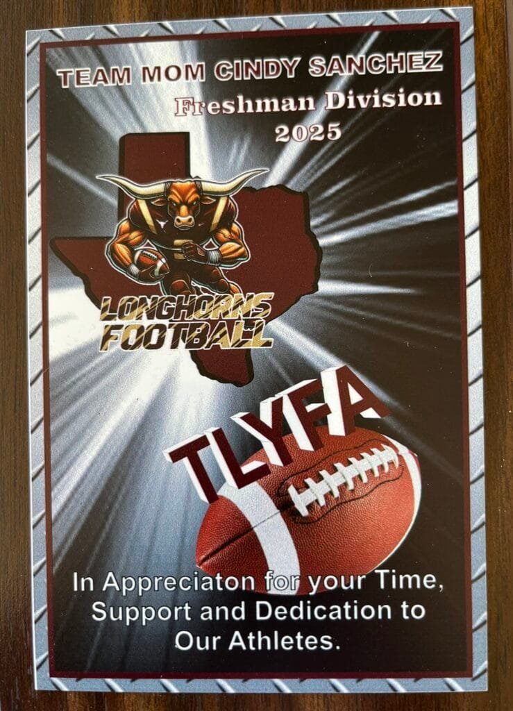 Custom football appreciation plaque with full-color UV printed plate and walnut finish by Trophies Etc. in Baytown, TX.