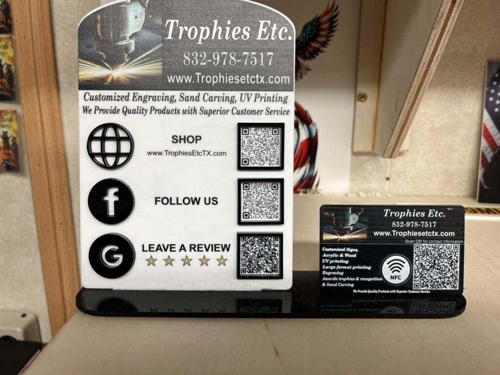 Custom NFC review display and NFC business card designed and manufactured by Trophies Etc. in Baytown, TX.