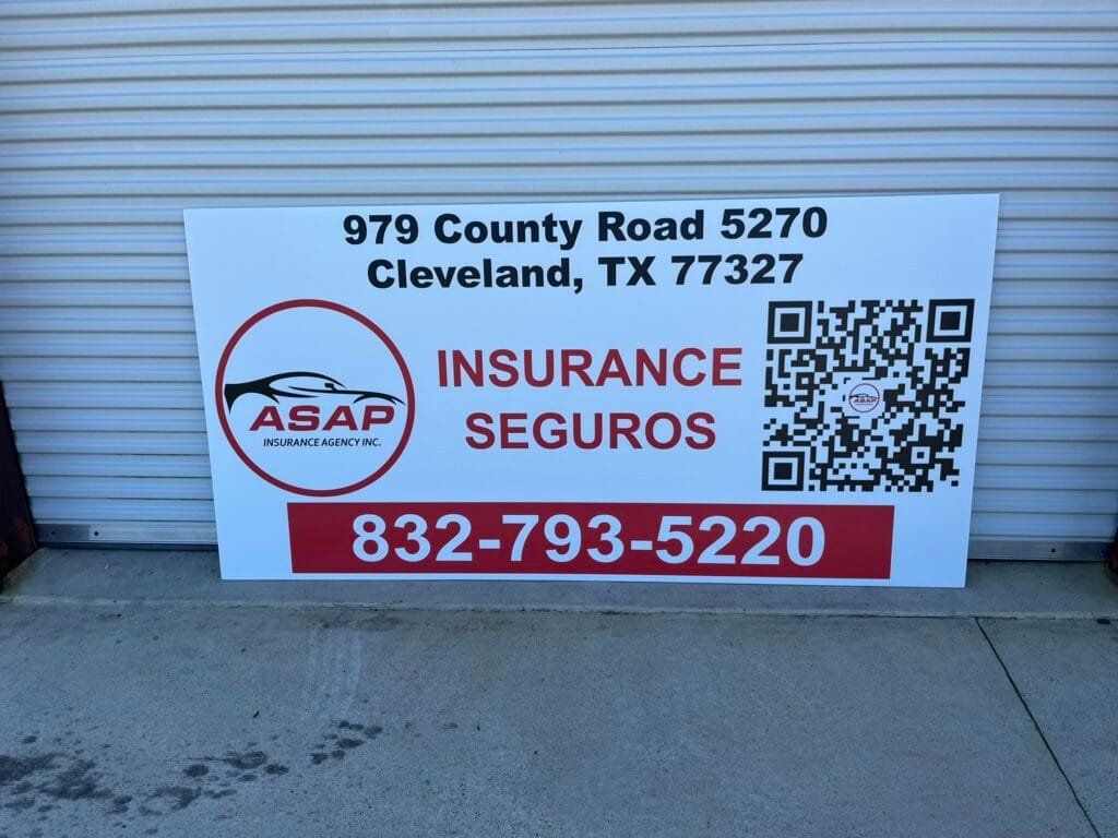 Custom aluminum business sign with QR code designed and printed for an insurance agency by Trophies Etc. in Baytown, TX.