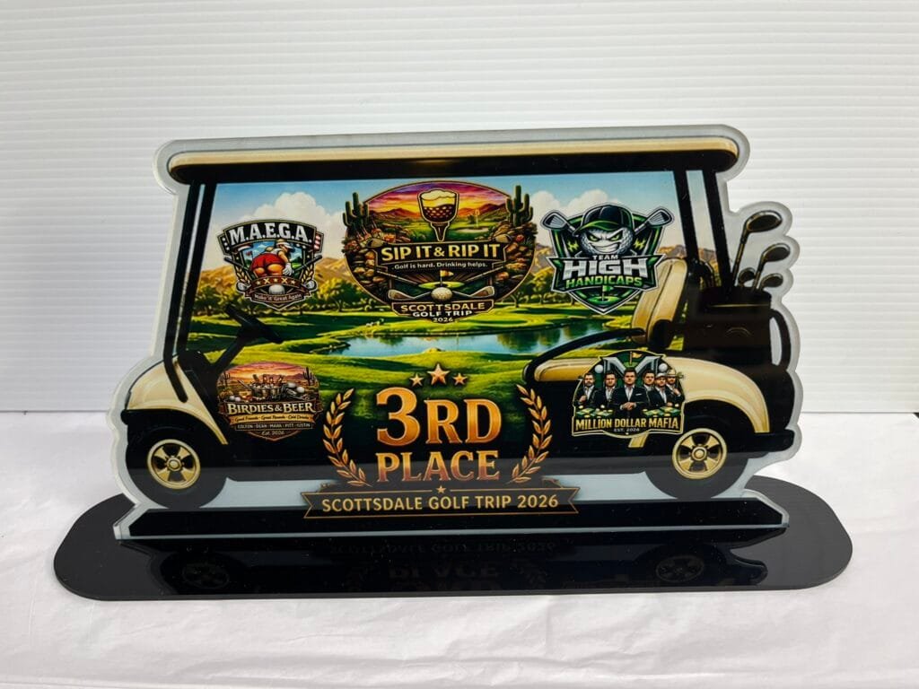 Custom acrylic 3rd Place golf tournament award with full-color UV printing and golf cart design by Trophies Etc.