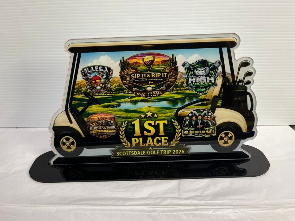 Custom acrylic 1st Place golf tournament award with full-color UV printing and precision laser-cut golf cart design by Trophies Etc.