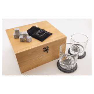 ws101-whiskey-gift-set - WS101 red alder whiskey gift box with two rocks glasses, slate coasters, granite whiskey stones and velvet bag