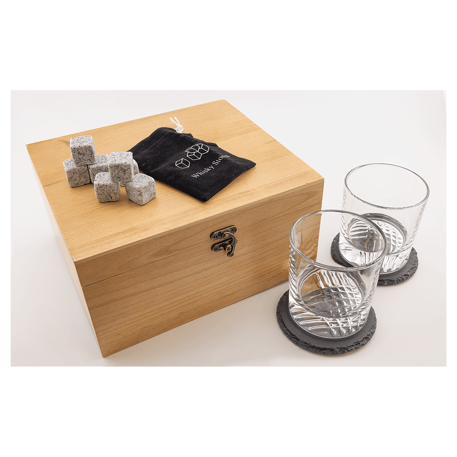 ws101-whiskey-gift-set - WS101 red alder whiskey gift box with two rocks glasses, slate coasters, granite whiskey stones and velvet bag